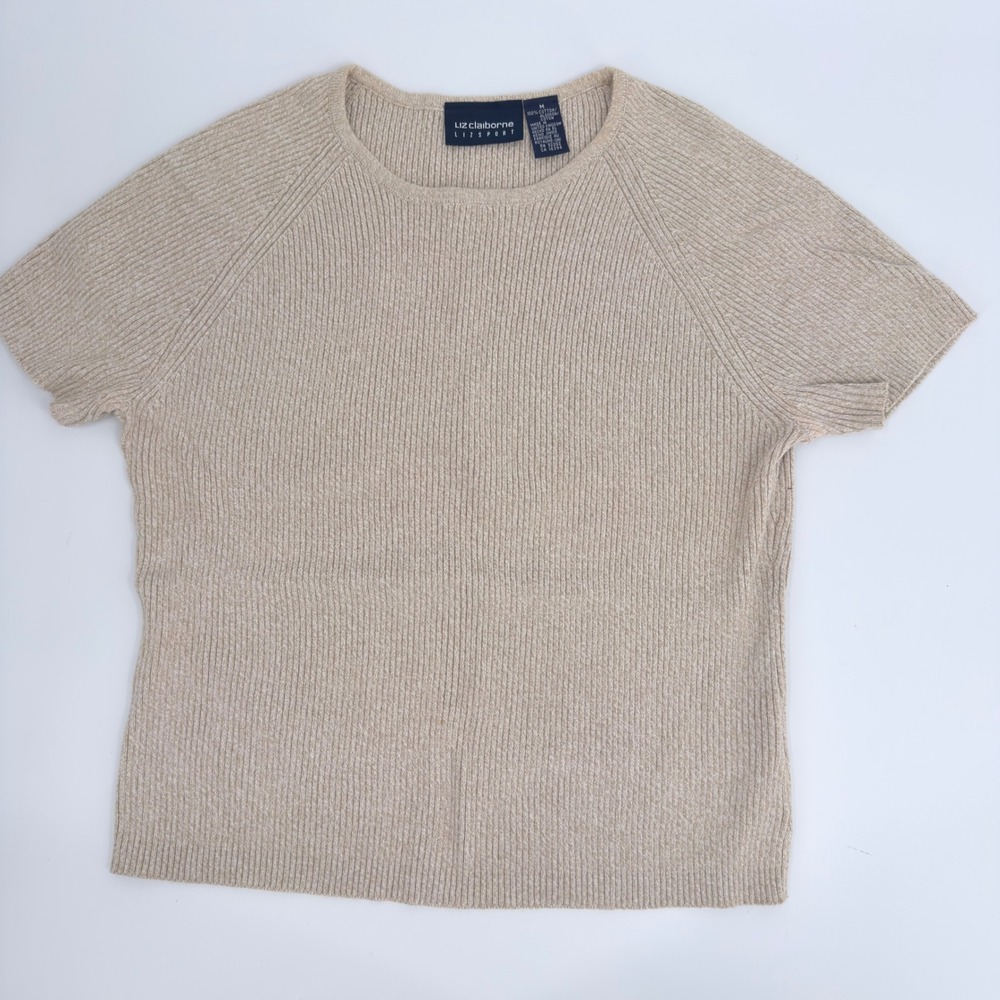 Liz Claiborne Sweater Ribbed Knit Short Sleeve 90s Vintage Women Medium Beige